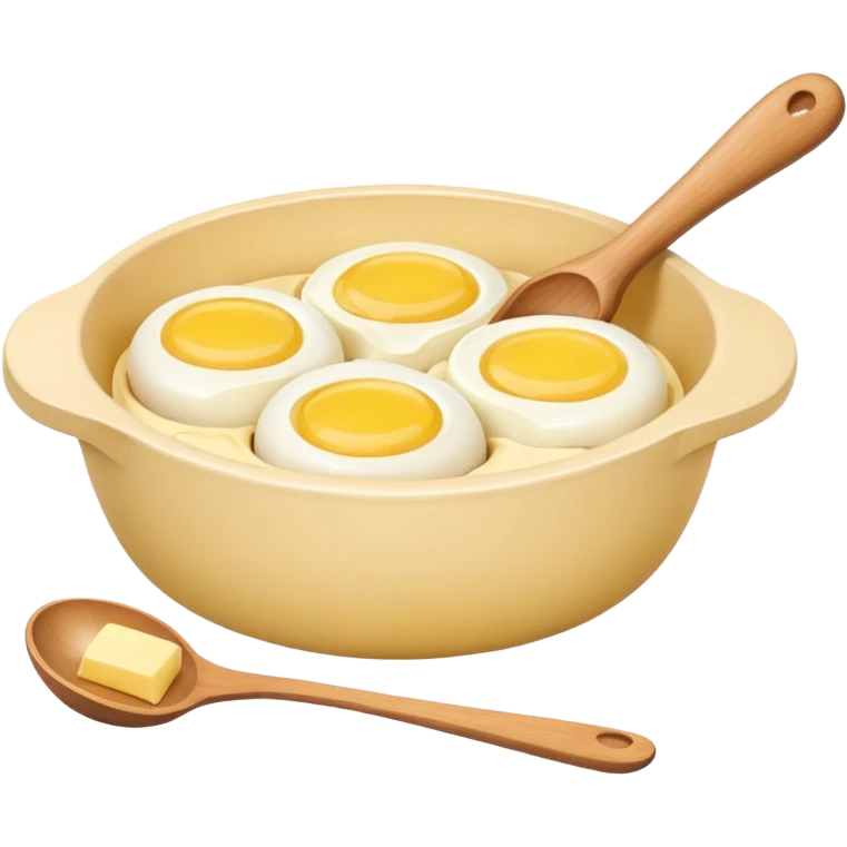 A cream ceramic baking bowl with a wooden spoon in it, a carton of eggs and butter emoji
