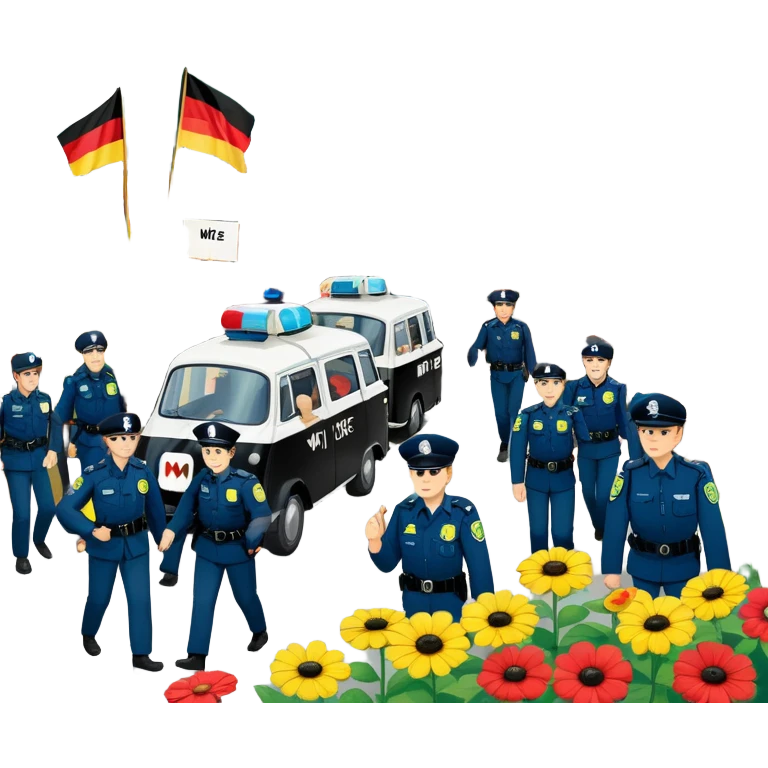 West German protest scene, 1968, young people with colorful protest signs saying 'Make Love Not War' and 'Mehr Demokratie wagen', BRD flag, flowers, police in background, lively mood emoji