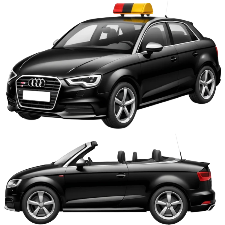 emoji of a black car, model audi a3, being towed by a tow car. profile horizontal view emoji