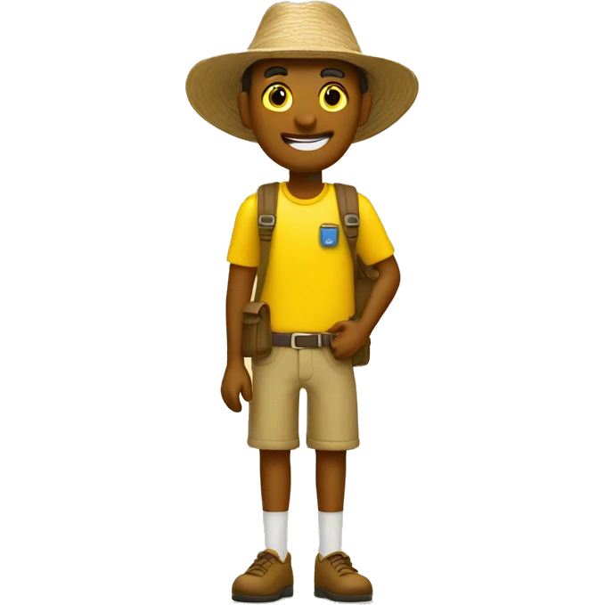Welcoming tourist to his place to stay. Yellow. Background. emoji