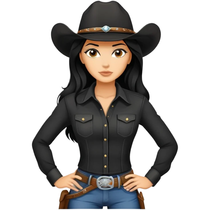 confident hot tanned woman with long black hair cowgirl style wearing black outfit with strong pose emoji