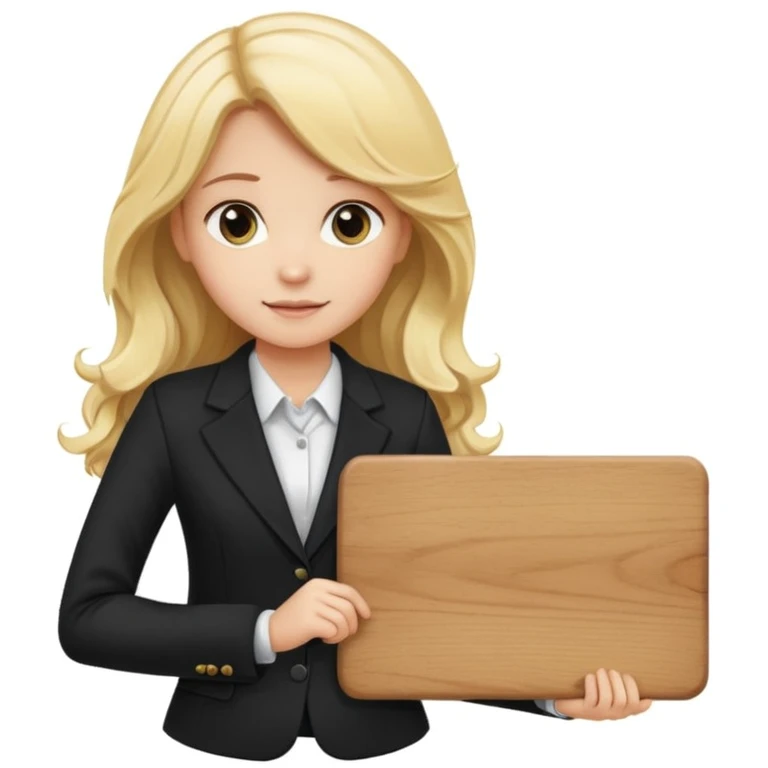 Blonde long wavy hair girl with black office blazer holding a wooden board with a sign 10/10 emoji