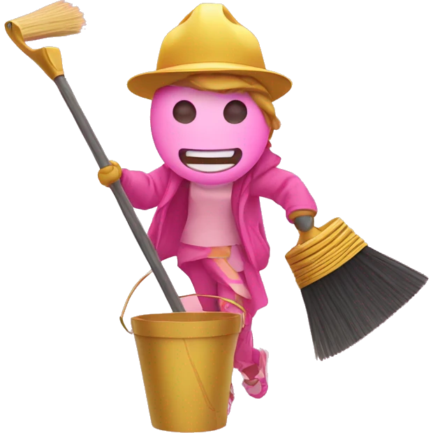 An illustration of an emoji holding a broom, bucket and taking a selfie, in pink and gold colors. emoji