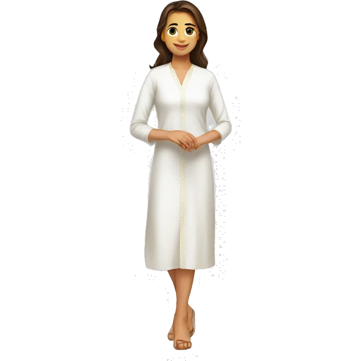 A young woman with complete white kurti welcoming  emoji