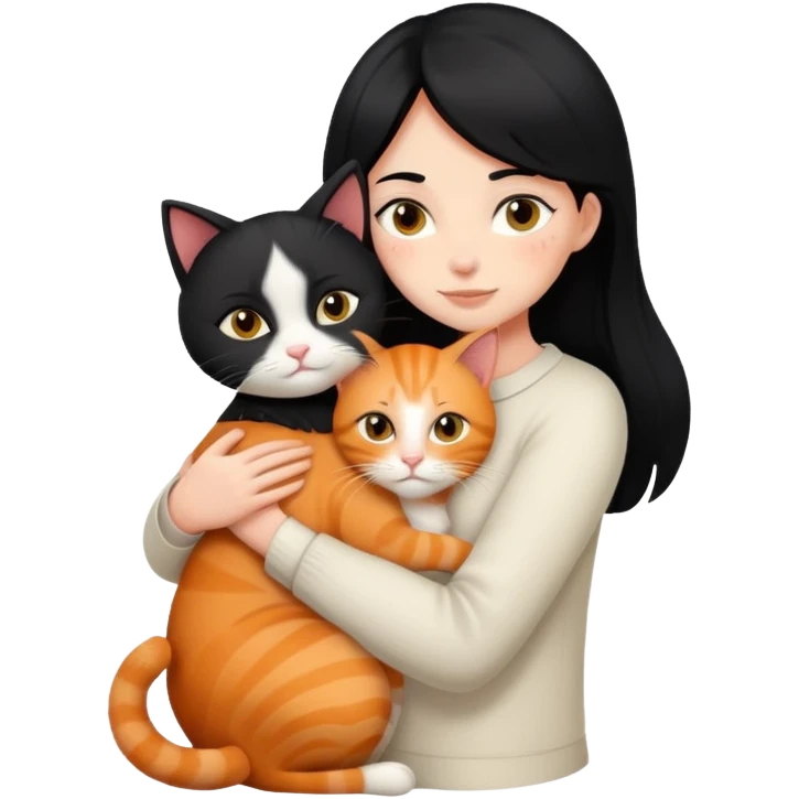 A black-haired girl hugs a ginger cat and  A black cat emoji