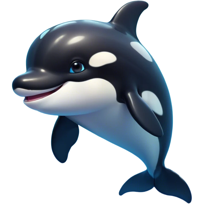 Cinematic Cute orca Portrait Emoji, Head tilted playfully and inquisitively, featuring a smoothly rounded body with bright, sparkling eyes and an adorable, friendly smile, Simplified yet irresistibly adorable features, highly detailed, glowing with a warm, ocean-blue glow, high shine, affectionate and lively, stylized with a touch of whimsical aquatic charm, soft glowing outline, capturing the essence of a mischievous yet endearing orca that seems as if it could leap right into your heart! emoji