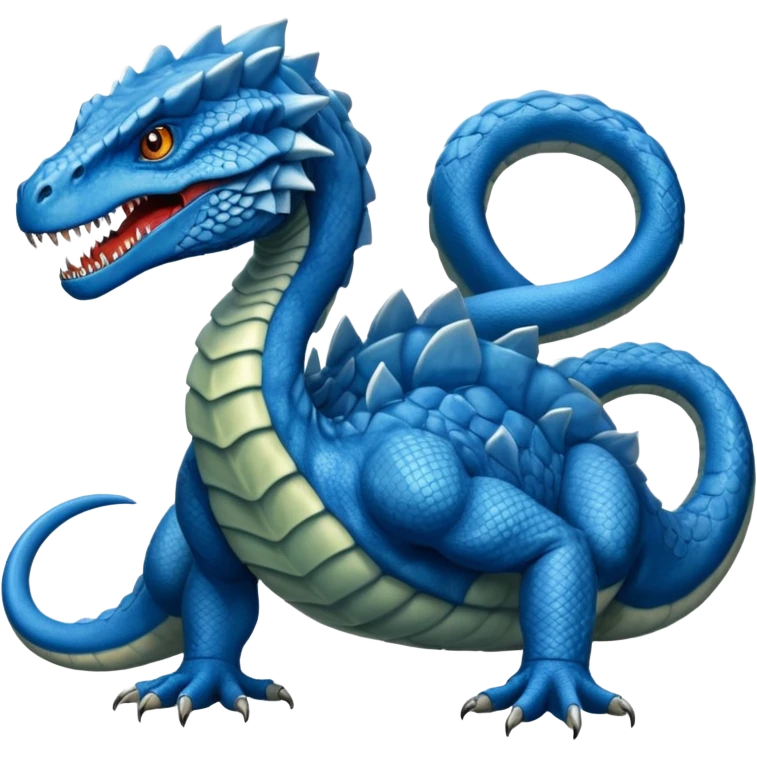 blue hydra, strong reptilian body, like a dinosaure, not like a snake,  with 3 heads rising from its neck emoji