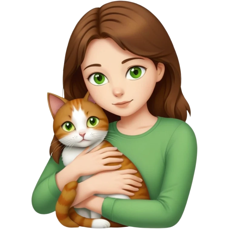 Girl with brown hair, green eyes , with green top hugs European cat with yellow eyes  emoji