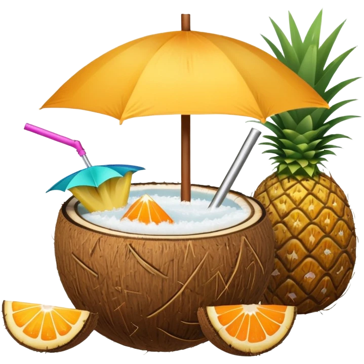 A tropical cocktail served in a coconut shell with a mini umbrella and pineapple.
 emoji