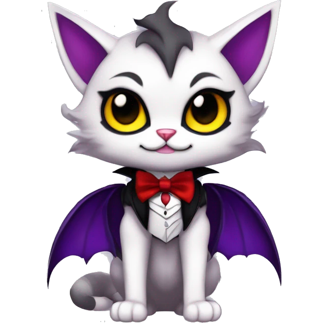 Cute-Evil-Vampiric-Batty-Cat-Black-Purple-Red-Yellow-Contrast-Colors-Fantasy-Fur-Sona-Chibi-Shiny-Fakémon-Hybrid with horns and big fangs neck bow white tie leg spats full body emoji