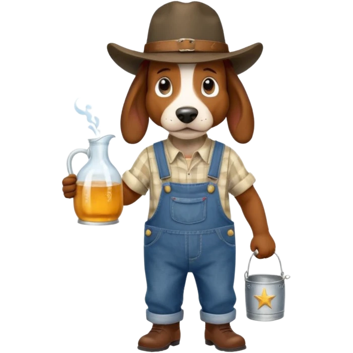 toothless hillbilly basset hound wearing a stetson and dungarees carrying moonshine emoji