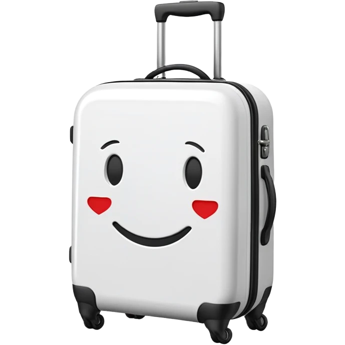 White rolling suitcase in classic emoji style, simple cartoon-like appearance, glossy rounded shape emoji