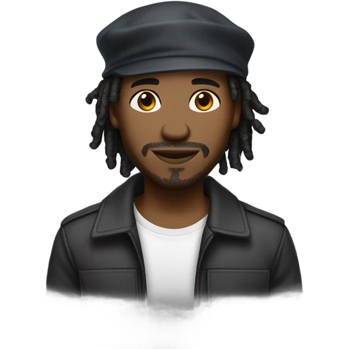 A young African-American male with medium-length, thick dreadlocks, a trimmed goatee, and sharp facial features. He has a slim but toned build, a friendly smile, and is wearing a backward cap. emoji