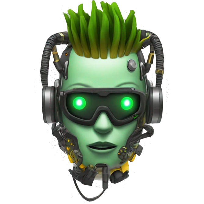 Green skin cyborg head with dark yellow Mohawk, white respirator mask and circuitry emoji