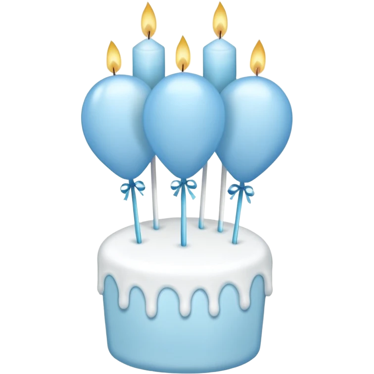 Please make some balloons that are light blue, and place a small cake underneath them. Make the balloons long and make more balloons. emoji