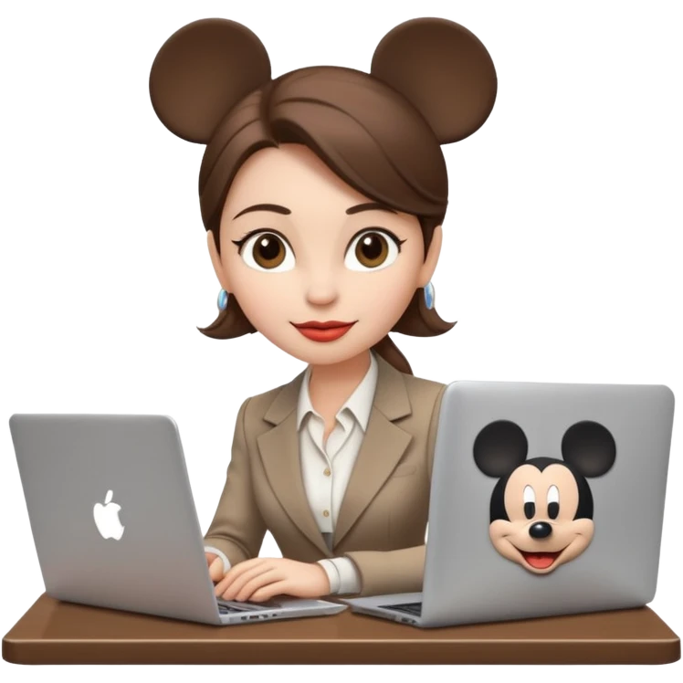 Women in front of one laptop that has a Mickey sticker on it, with a happy face, face fuller, lips plump, full eyebrows, dirty brown hair, light brown big eyes, light pale skin with a iced coffee on the side, business attire, who is typing emoji