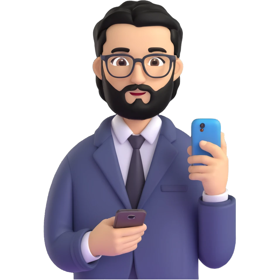 standing pose of professional man with medium black beard, black hair styled and combed to one side, connected unibrow, olive tan skin, brown eyes, glasses, prominent nose, dressed in formal black jacket, with mobile phone emoji