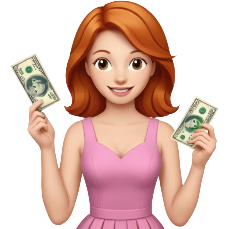ginger hair Woman wearing pink dress holding dolar emoji