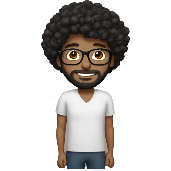 Black curly hair, short hair, brown skin, a full beard, and wearing glasses. emoji