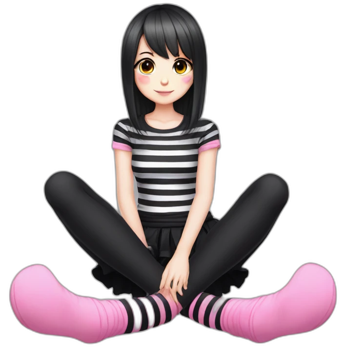 full body Front view emo girl sits on the floor black skirt pink knickers long striped socks emoji