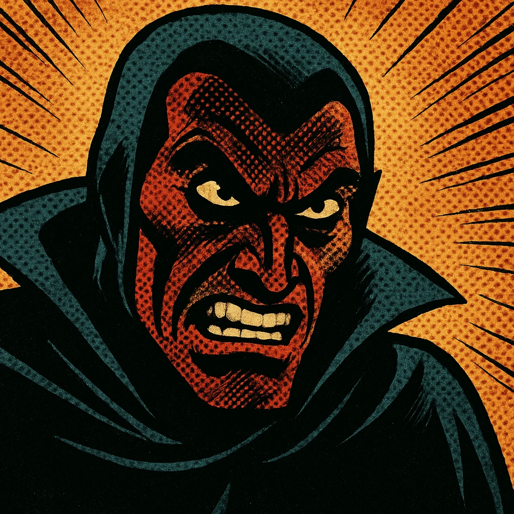 villain character, menacing expression, dark colors, comic book style emoji