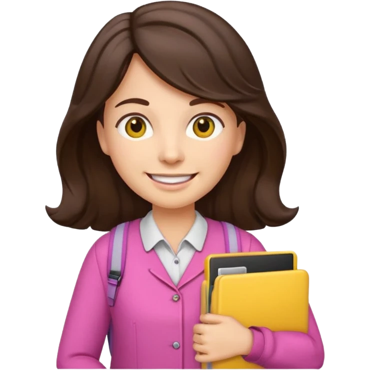 Teacher emoji but : wavy dark brown hair, light western skin, no glasses, dark eyes, with a computer folder in the hand (color is yellow), being a teacher, wearing pink backpack, smile with teeth





 emoji