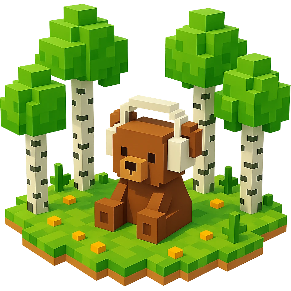 березовый лес, в котором сидит бурый медвежонок в белых наушниках (наушники должны закрывать уши медведя), no background  emoji