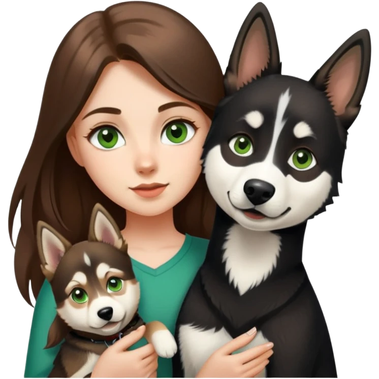 girl with long brown hair green eyes holding one german shepherd and a black and white husky emoji