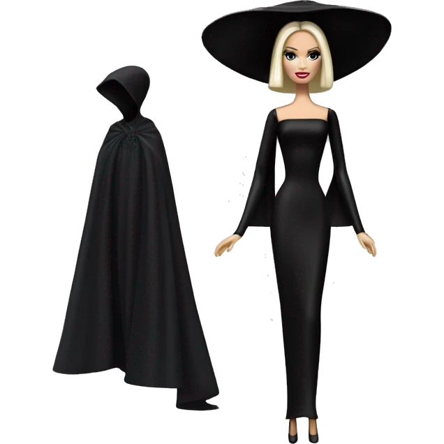 Dulcissima Barbie, Morticia Addams, cape,veil,funeralwear,showing off, show full body,accessories  emoji