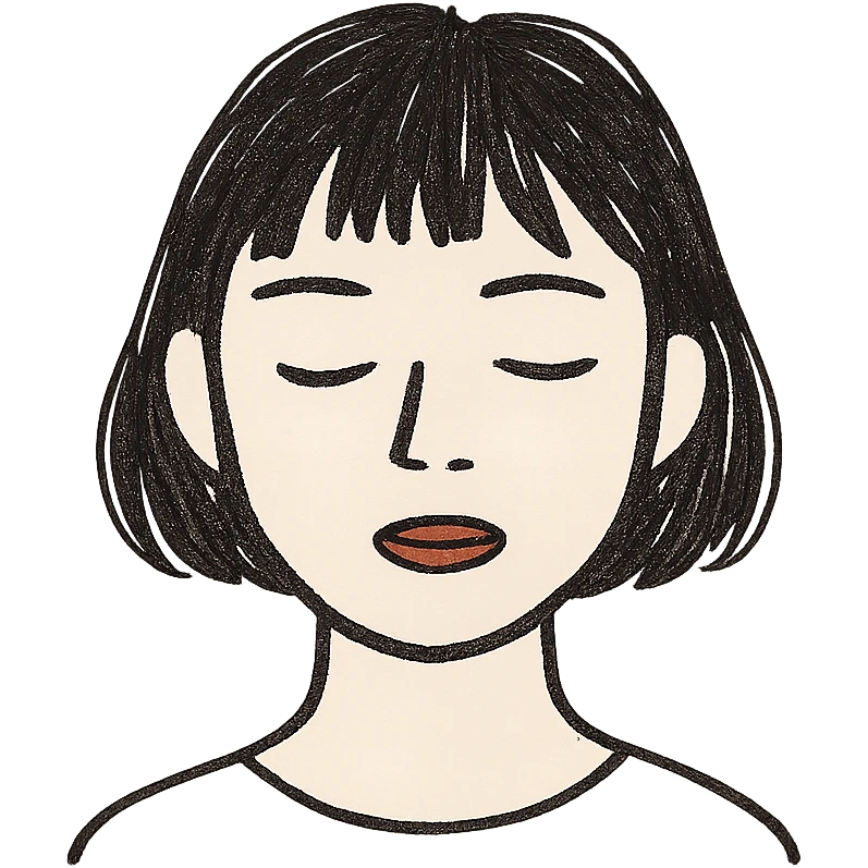 A young Asian woman with short, dark brown hair with bangs, neutral facial expression, closed eyes, vibrant red lips, light beige skin tone, close-up portrait, plain white background, cartoon-like and stylized, bright and saturated colors, even and flat lighting, neutral atmosphere, hand drawn style. emoji