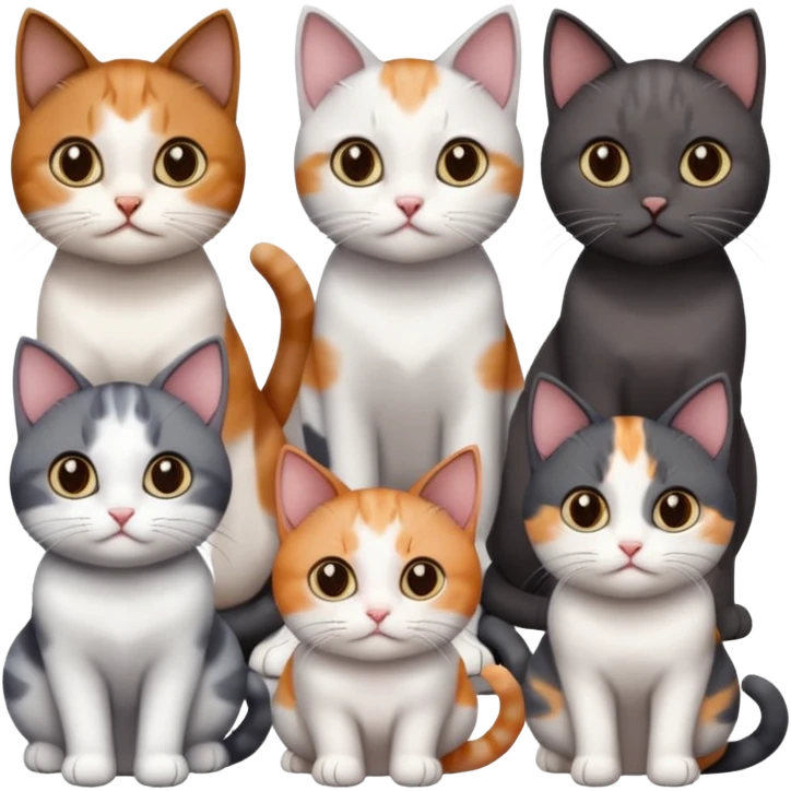 4 different coloured short haired cats including; a dark brown and white cat, and a dark grey and white, and a calico emoji