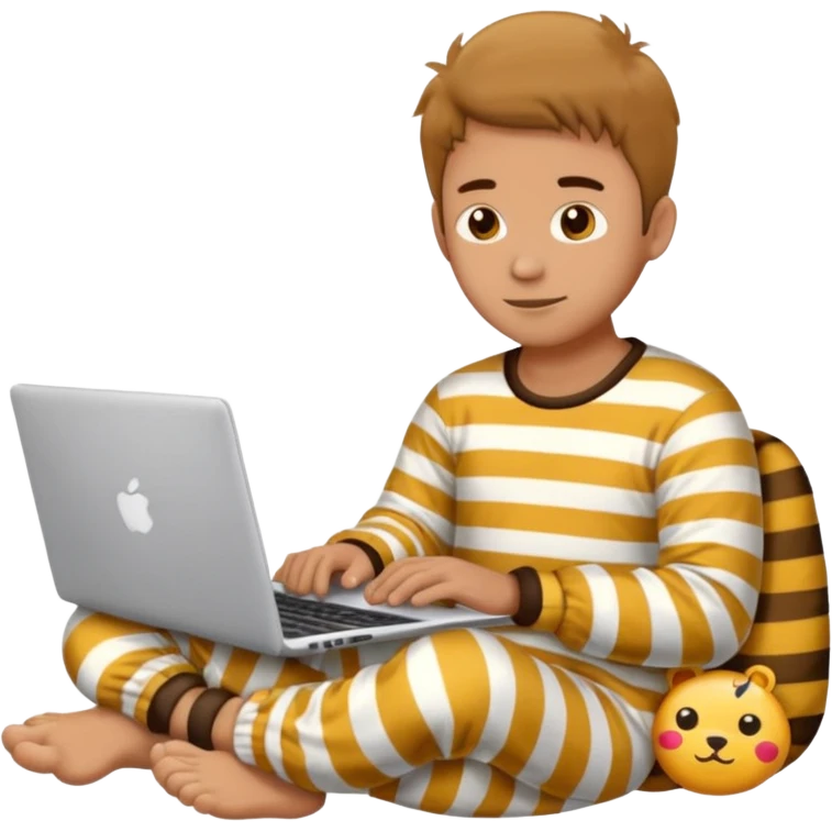 man in striped pajamas and fuzzy slippers typing on a laptop, emoji style emoji