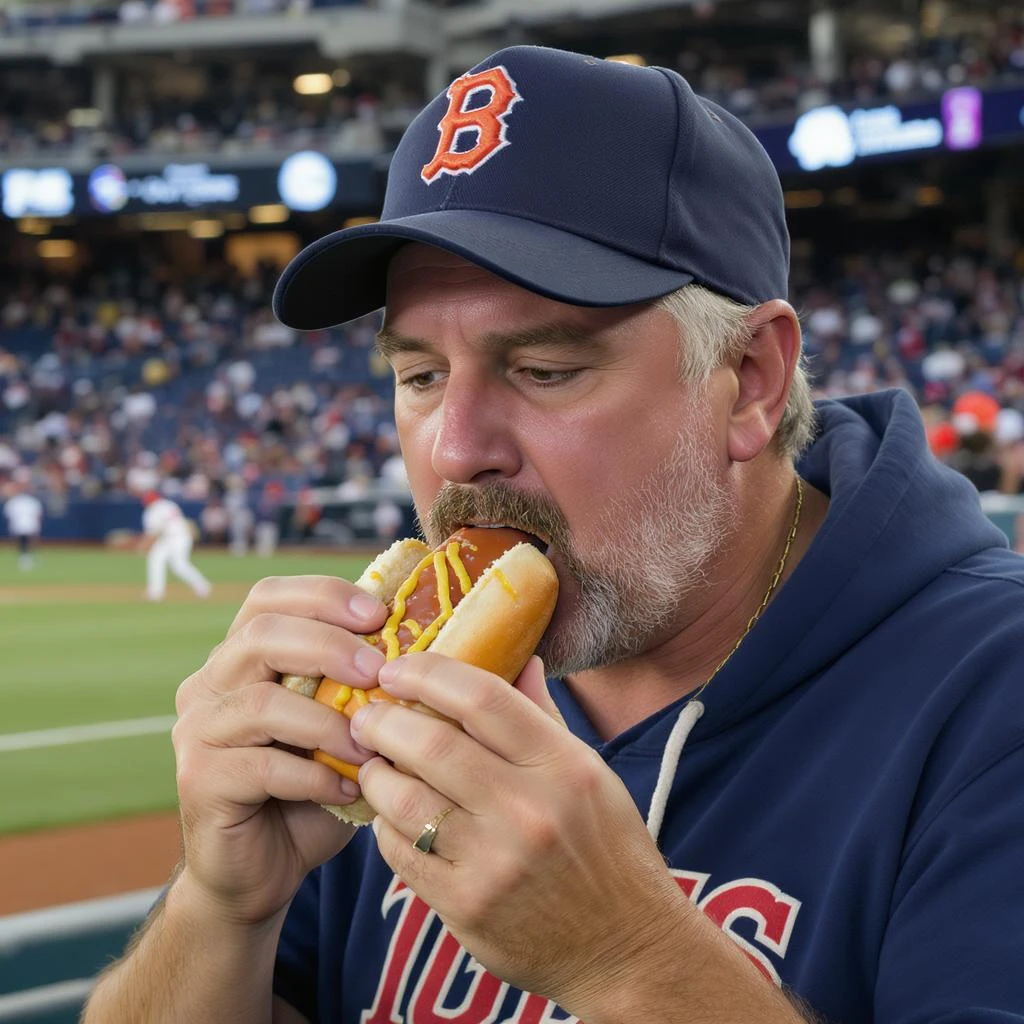 man eating a hot dog at a baseball game emoji