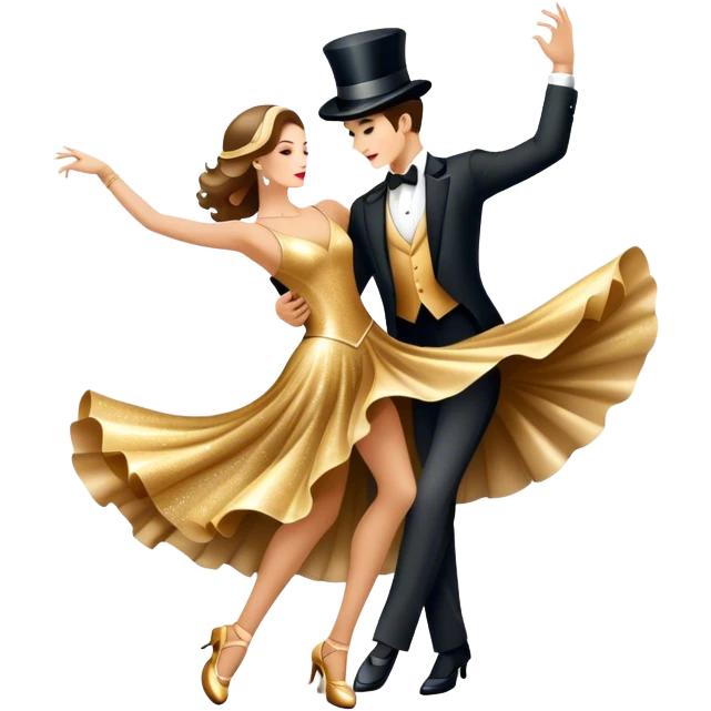 Icon for Ballroom Dancing: a pair of elegant dance shoes, a flowing dress, a top hat, and a dance floor spotlight. The icon should represent the elegance and atmosphere of ballroom dance, focusing on the iconic dance elements. Transparent background. emoji