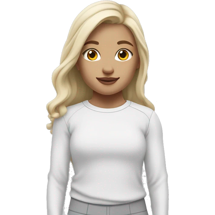white raced, blonde hair with middle part, girl, long sleeve white lululemon shirt,  grey sweat pants  emoji