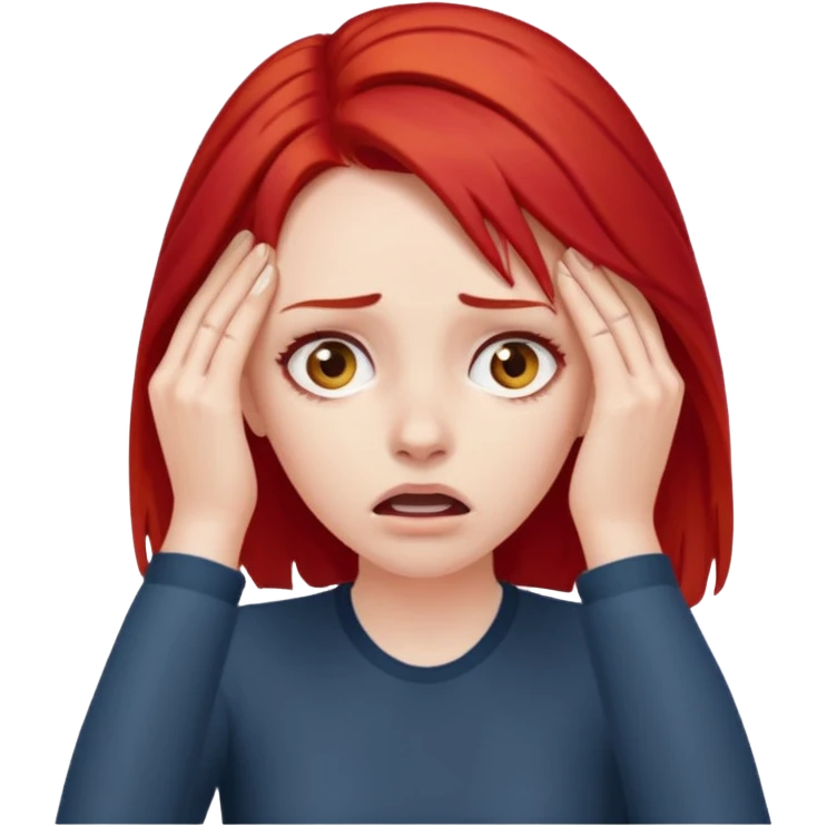 A realistic waist-up portrait of a frightened woman with her hands on her head and red hair emoji