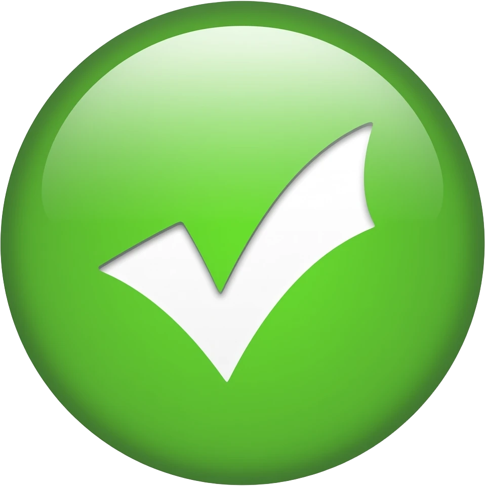 A glossy green circular button with a bold white checkmark in the center, 3D emoji style, soft lighting, smooth gradient shading, high resolution, minimal background, centered composition, modern UI design, vibrant green color, clean and polished look emoji