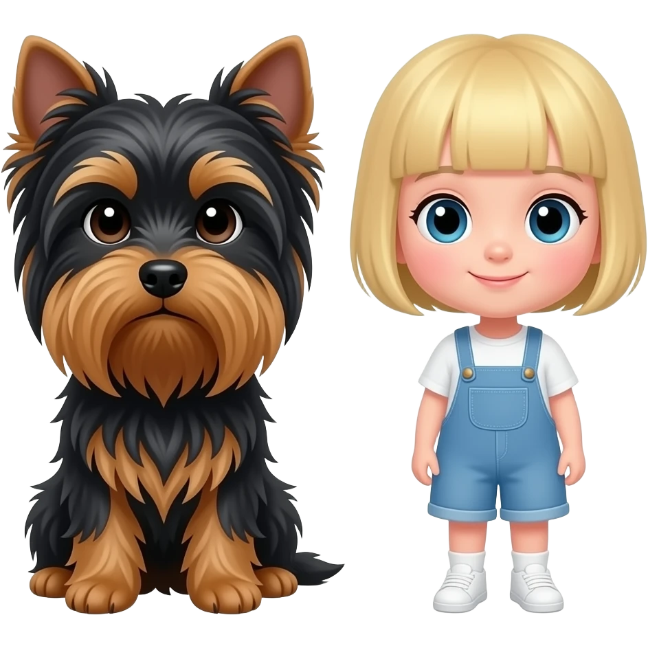 chitin girl with bob haircut and no frindge with dog Yorkshire full black with no brown with long hair in the eye and little blond girl with pixie cut emoji