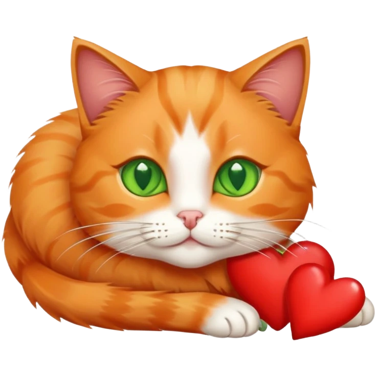 Cat orange fur green eyes purring on hearts  emoji