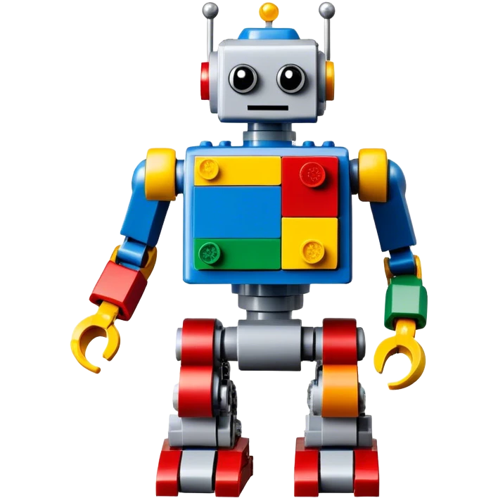A big photorealistic icon featuring a detailed robot figure built from LEGO bricks, with intricate parts and colorful pieces. The design includes the LEGO logo subtly visible, with a focus on the craftsmanship and creativity of the build. Transparent background. emoji