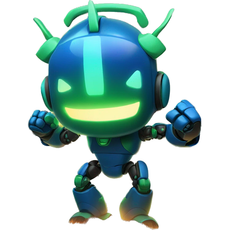 a blue and green robot with bunny ears has a fist in the air, in front of a large fire / flame explosion in the dark
 emoji