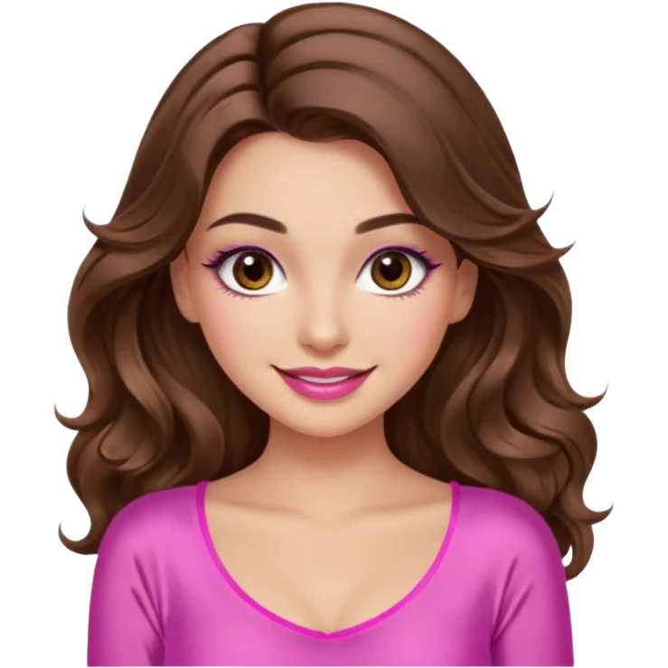 girl with long wavy brown hair, brown eyes, long lashes makeup, sexy pink lips, light to medium complexion, wearing a pink sexy silk top, smiling emoji