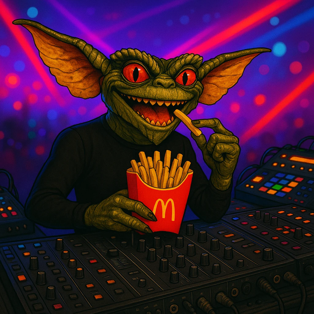 Change the gremlin's see-through mesh top to black, keep the techno party and McDonald's fries theme. emoji