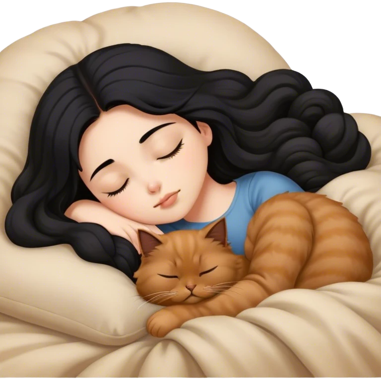 A pretty white girl with very long black hair and sleeping curled up to a brown Persian cat  emoji