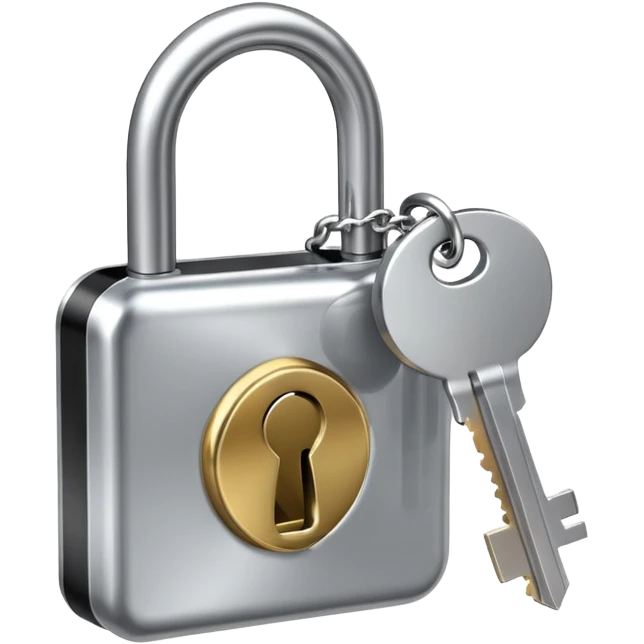 A chrome silver lock and key emoji, smooth metallic surfaces, glossy reflections, luxury swag vibe, minimal iOS emoji style, centered on clean white background emoji