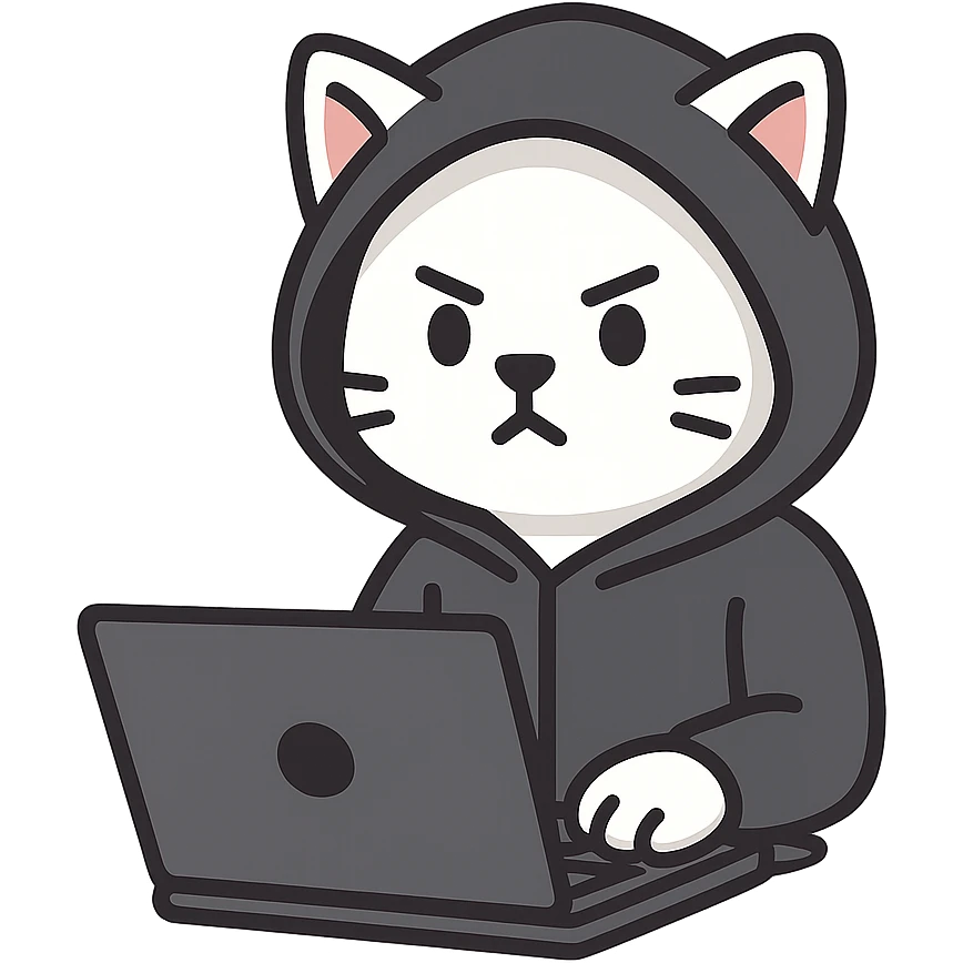 flat toon style white hacker cat wearing a hoodie with a laptop emoji