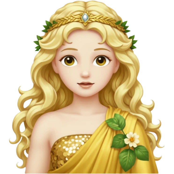 Flora, Goddess of Flowers from Roman Deities with long golden blonde wavy hair, pale yellow sequin toga  emoji