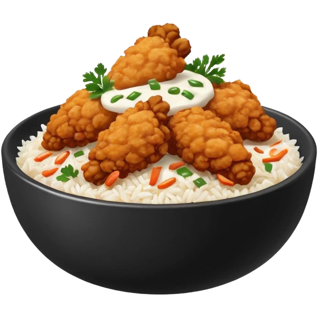 iOS-style food emoji, flat design: round bowl with white rice base, topped with crispy fried chicken pieces, fried onion bits, sweet-and-sour sauce and white sauce zigzag drizzles, finished with parsley flakes, clean shapes, transparent background. emoji
