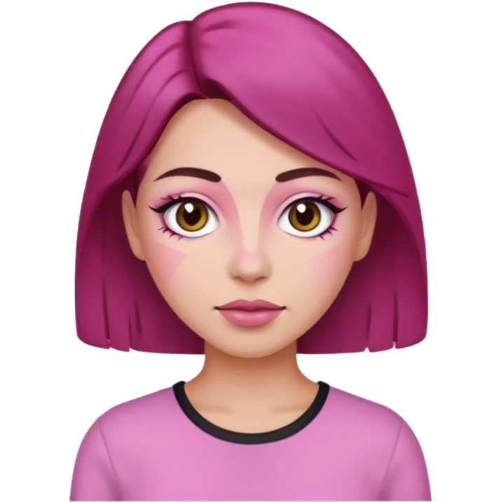 Woman with pink all skin, white background, dark brown hair and hazel eyes and brown eyebrows emoji