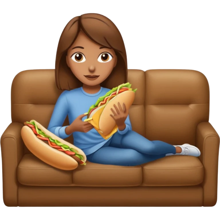 A brown hair woman on couch eating a sub and coloring  emoji
